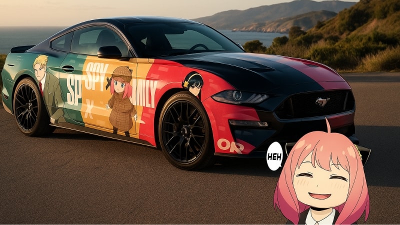 Mustang wrapped in Spy x Family themed anime vinyl wrap
