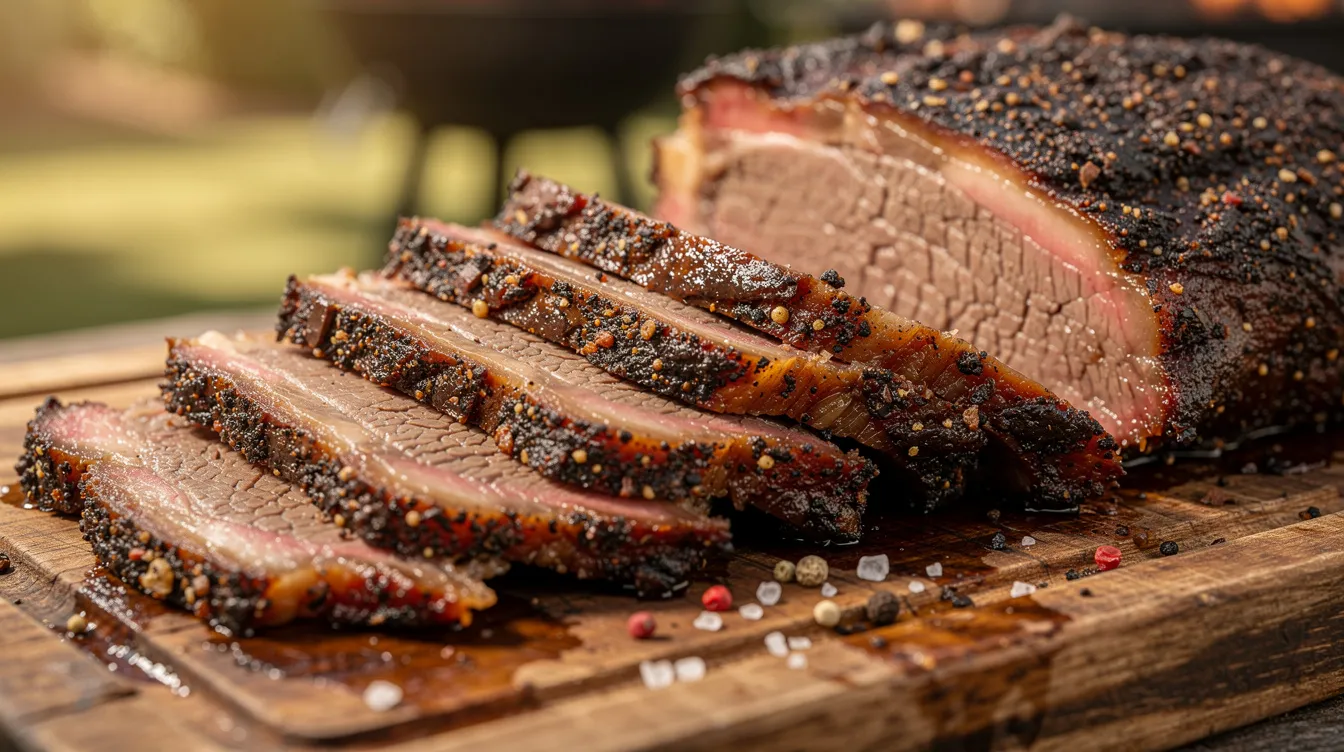 A close-up image of sliced smoked brisket reveals its dark, peppery bark resting on a wooden cutting board, showcasing the meat's juicy texture. This flavor-packed dish pairs beautifully with a bold red wine, making it an excellent choice for those looking to enjoy zinfandel or cabernet sauvignon alongside savory meats.