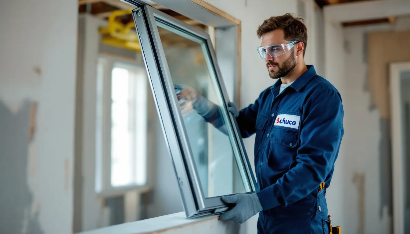 Een professionele monteur installeert een Schüco kozijn, waarbij hij zorgvuldig de kunststof profielen en het triple glas aanbrengt voor uitstekende isolatie. De montage benadrukt de moderne uitstraling en hoge energie-efficiëntie van de Schüco kozijnen.