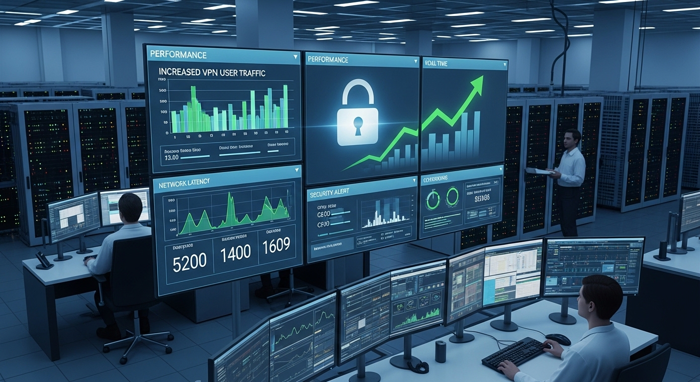 Scalable data center infrastructure handling increased remote VPN users with performance and security indicators.