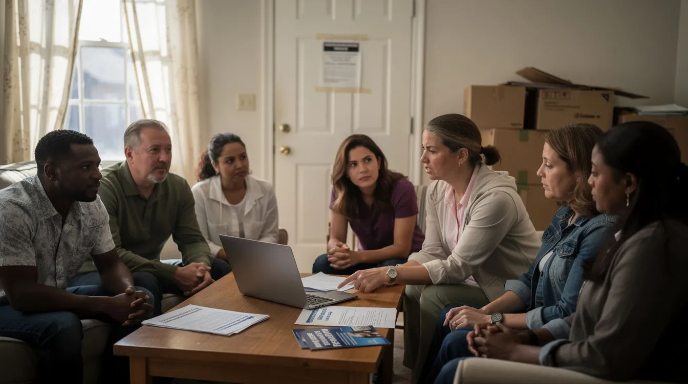 The image depicts a group of individuals, including housing counselors and homeowners, engaged in a discussion about foreclosure prevention options. They are reviewing loan documents and discussing strategies to avoid foreclosure, highlighting the importance of seeking assistance from HUD-approved housing counselors during the foreclosure process.