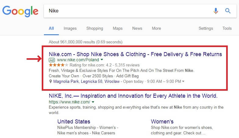 Google's search advertising display for Nike