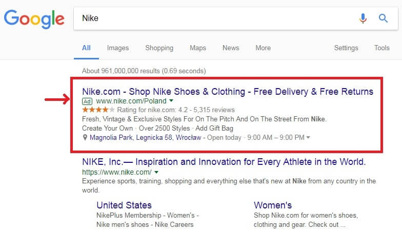 Pantalla de publicidad de búsqueda de Google para Nike