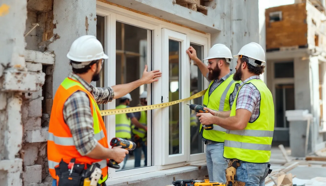 Een montageploeg is druk bezig met het plaatsen van nieuwe kunststof kozijnen in een vrijstaande woning. De werkzaamheden omvatten het verwijderen van oude kozijnen en het installeren van kunststof kozijnen, die zorgen voor een uitstekende isolatie en energiebesparende maatregelen.