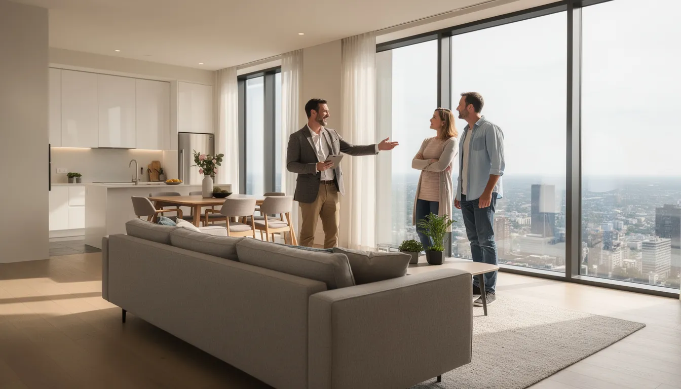 Na zdjęciu agent nieruchomości pokazuje nowoczesne mieszkanie parze klientów, w tle widać elegancki wystrój wnętrza. To idealna oferta dla osób szukających wynajmu nieruchomości w Warszawie, a profesjonalne podejście agenta zapewnia kompleksową obsługę na rynku nieruchomości.