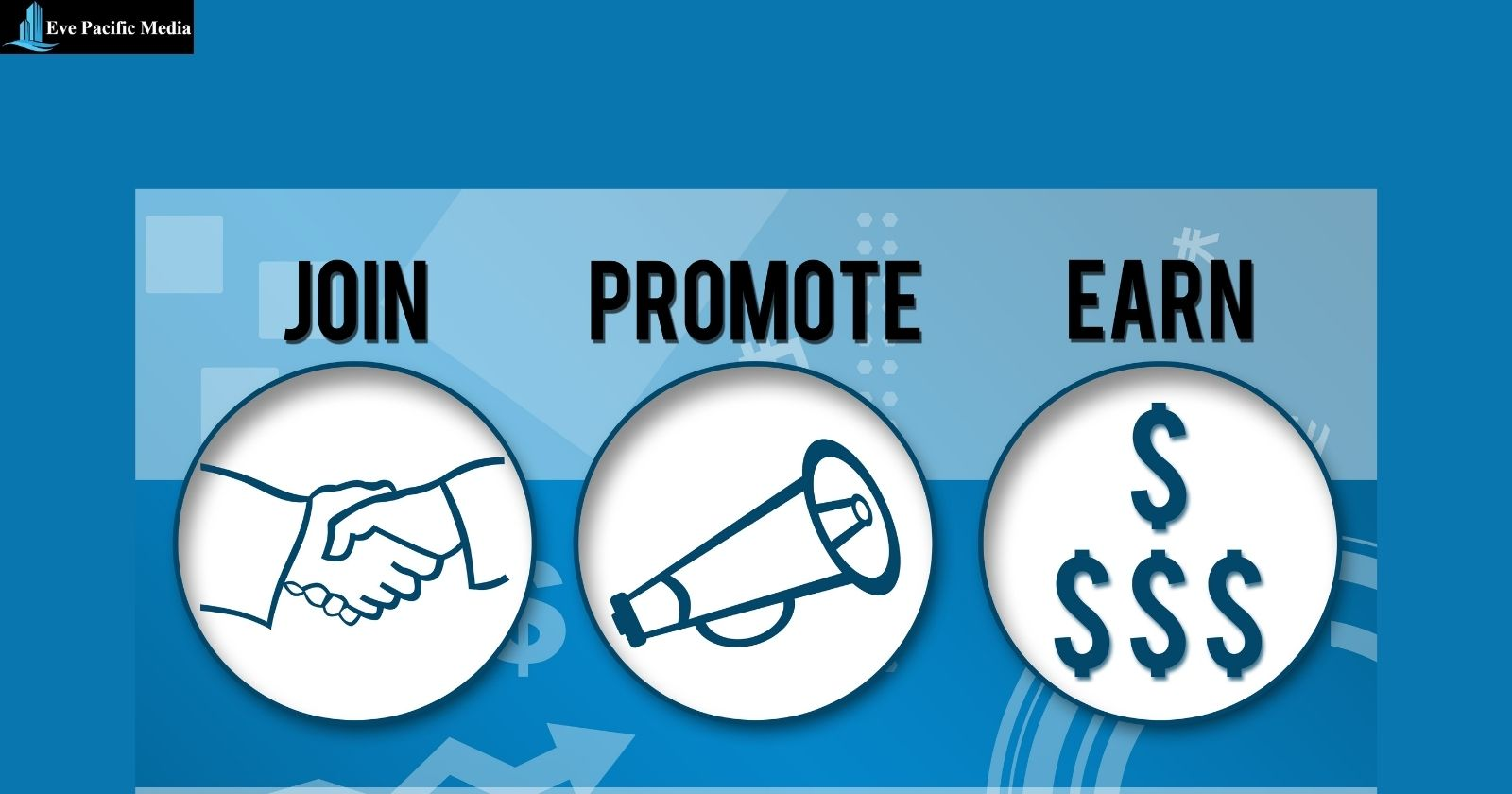 3 circles with a pictures of hand shake, dollars and voice with a text join promote and earn