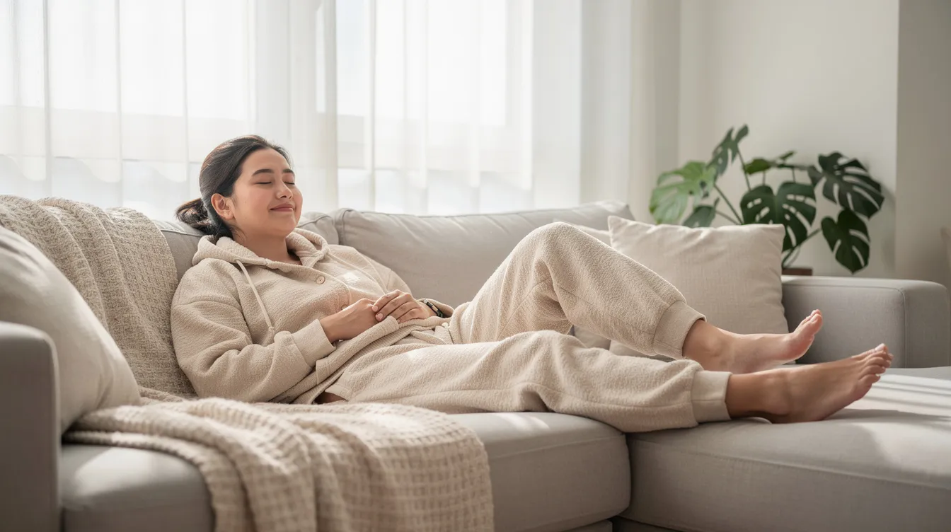 A person is lounging comfortably in soft, breathable loungewear made from modal fabric in a bright, airy room. The smooth surface of the fabric is ideal for people with sensitive skin, offering moisture-wicking properties and a luxuriously soft feel without the harsh chemicals found in many synthetic fabrics.