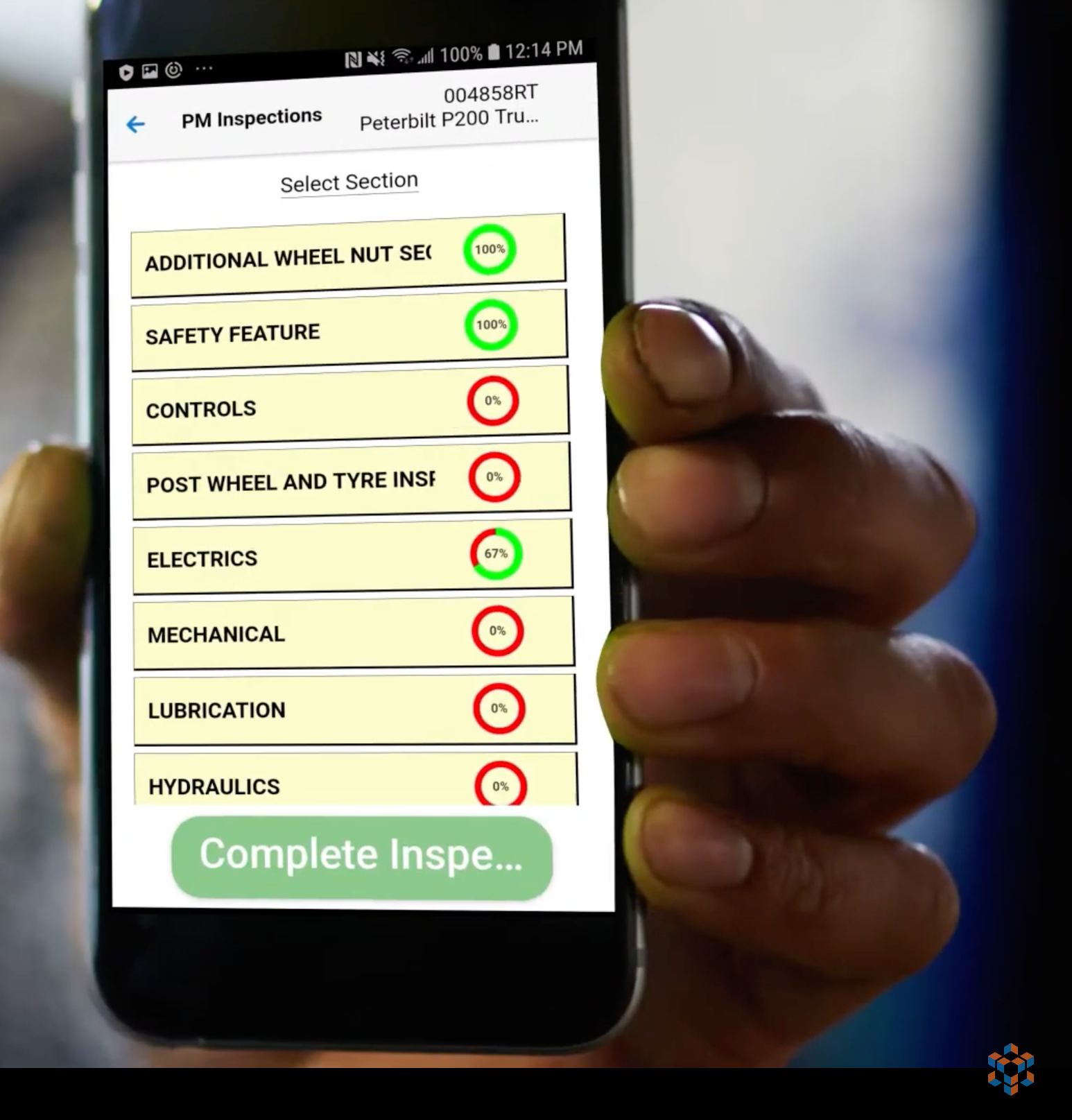 Illustration of EMDECS PM Inspections on a mobile device; Most industries especially trucking companies will benefit from utilizing preventive maintenance as it can provide service history and can action maintenance scheduling and reminders to reduce repair cost.