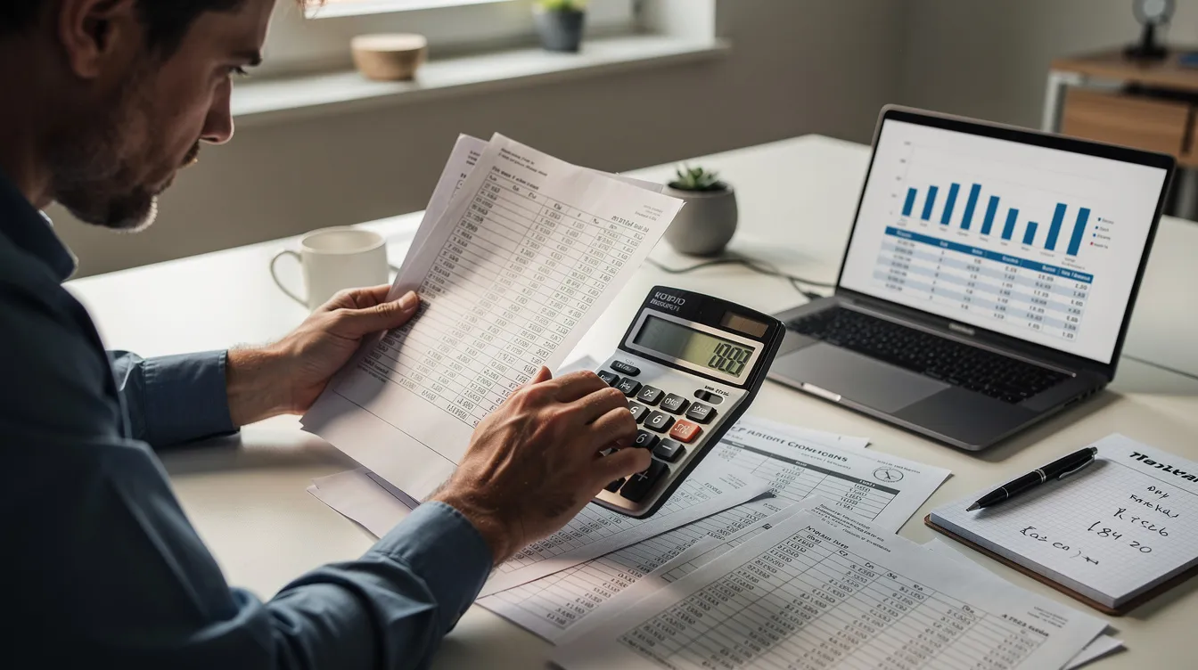 An individual is seated at a desk, intently comparing various financial documents while using a calculator, possibly analyzing cash flow and evaluating options like merchant cash advances versus traditional bank loans. The scene suggests a focus on understanding future sales and managing business finances effectively.