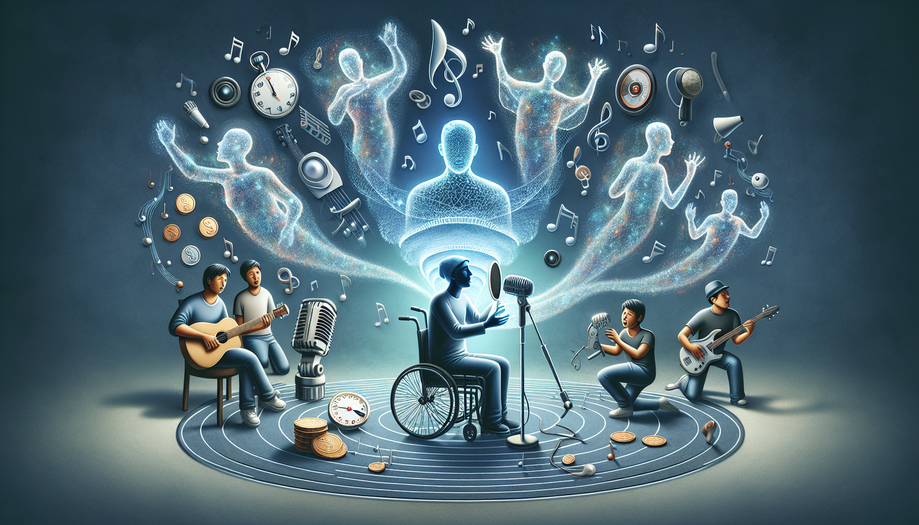 Creative depiction of AI voice cloning benefits for musicians
