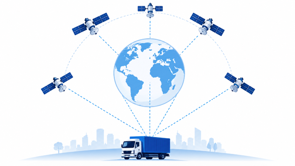 Diagram showing GPS satellites transmitting radio signals to a GPS receiver on Earth for trilateration