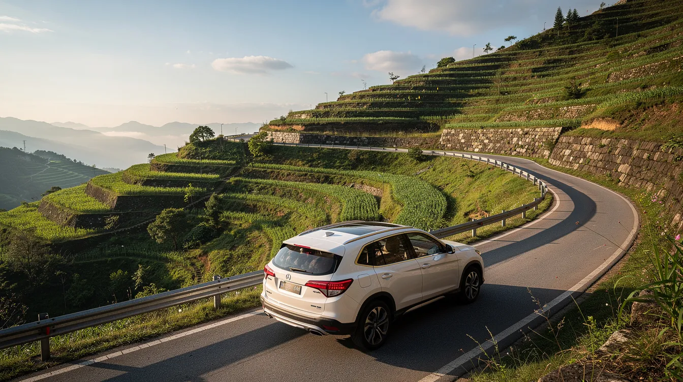 White SUV on a mountain road between green terraces.