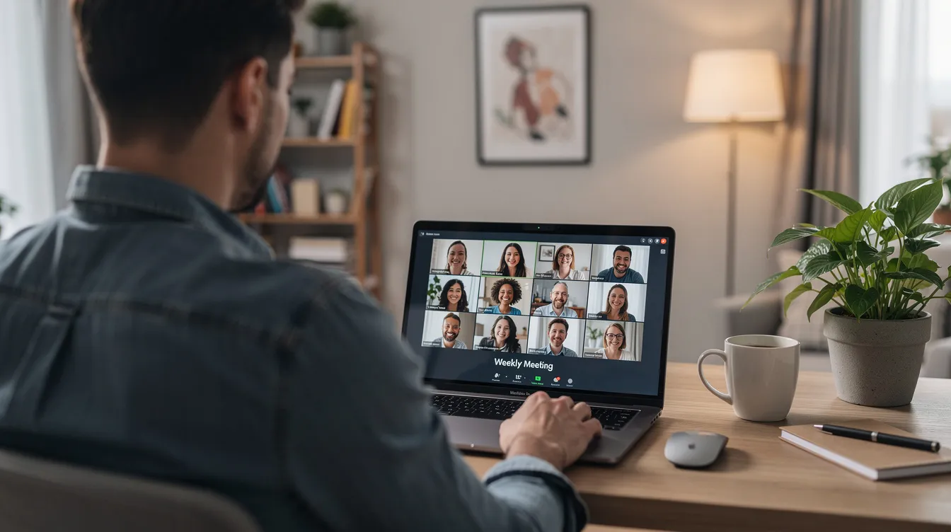 The image shows a person engaged in a video call on a laptop, sitting at a home office desk surrounded by paperwork and a coffee mug. This setting suggests a focus on financial management, possibly discussing topics such as a repayment plan or navigating the chapter 13 bankruptcy process.