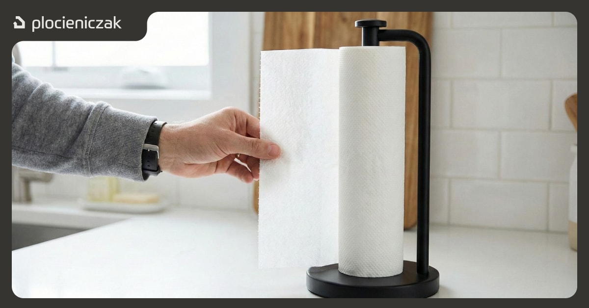 Odrywanie ręcznika papierowego jedną ręką z nowoczesnego czarnego uchwytu w kuchni