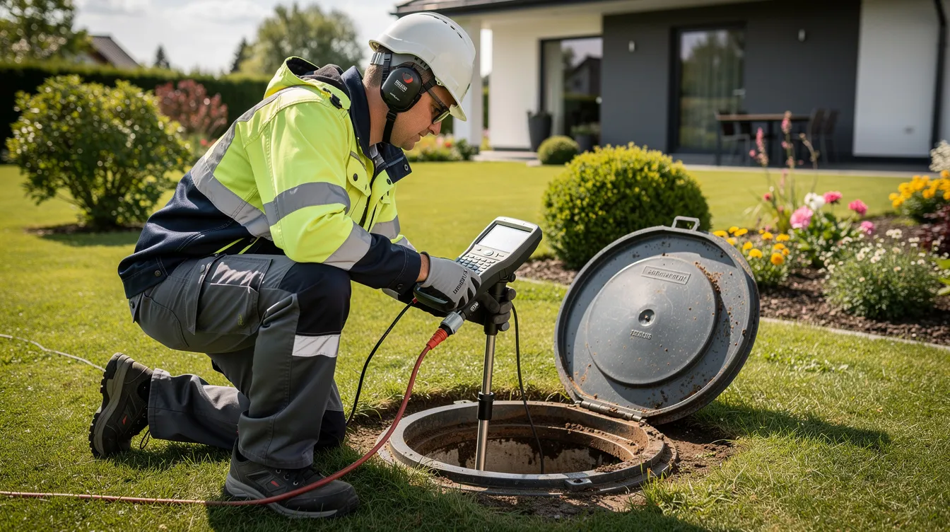 Un technicien en tenue de travail inspecte une installation souterraine d'assainissement non collectif dans le jardin d'une maison, utilisant un appareil de mesure pour vérifier la conformité du système d'épuration. Cette intervention vise à garantir le bon fonctionnement des micro stations et à protéger les nappes phréatiques.