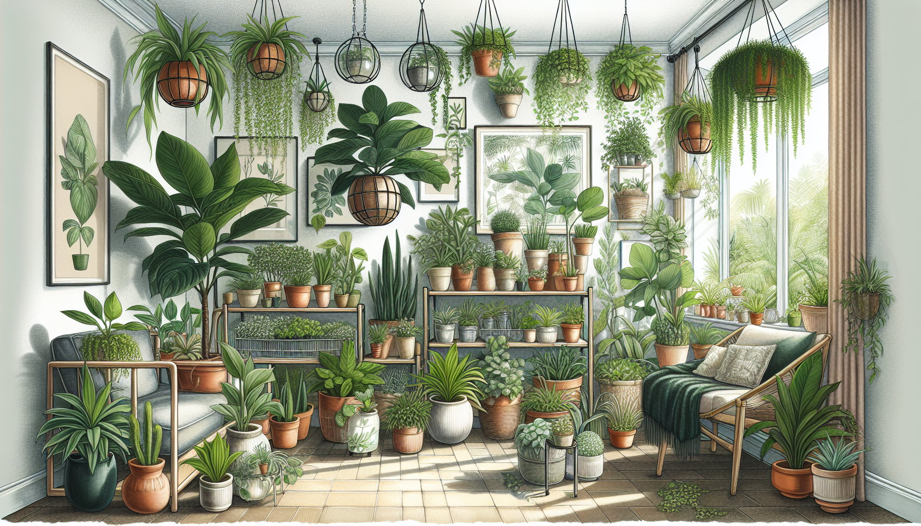 A beautiful interior plant design with a variety of green plants and containers