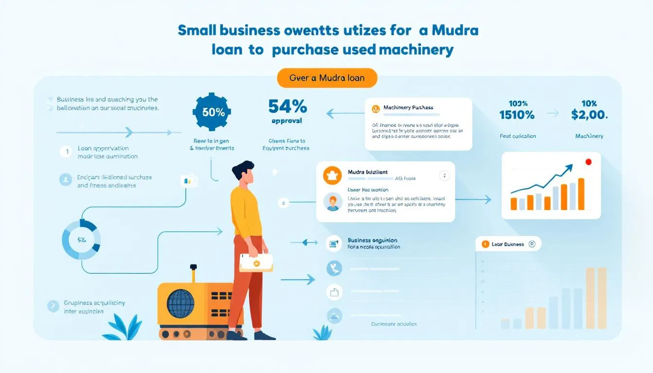 A visual representation of a small business owner successfully using a Mudra loan to purchase used machinery.
