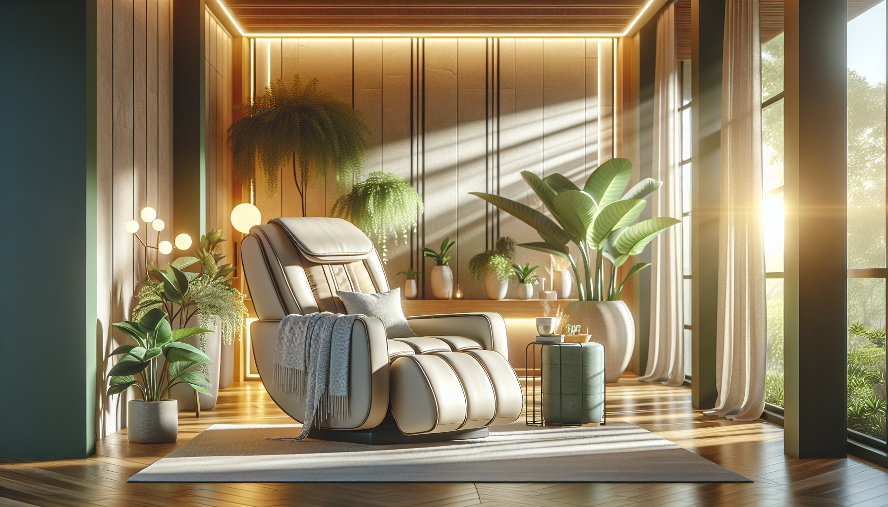 A cozy home setting featuring a massage chair for home use.