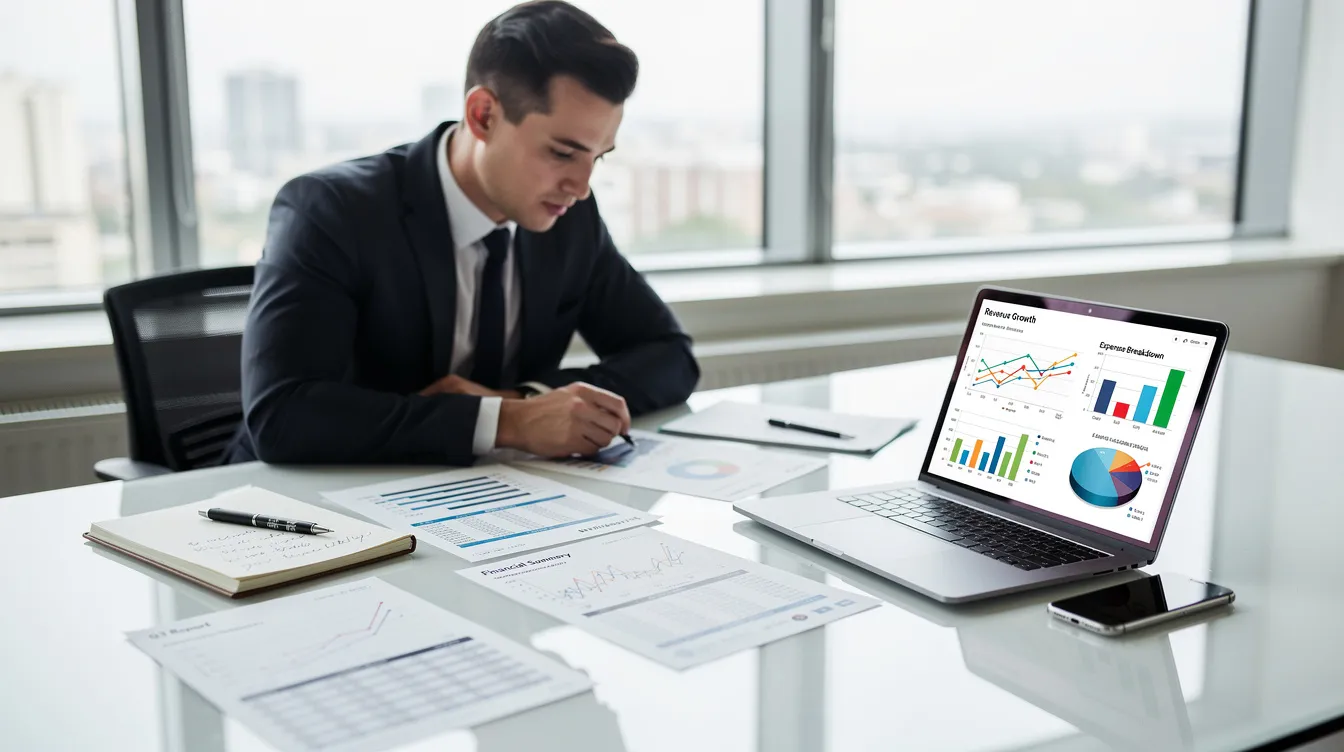 e9f8f8e6 1d54 4b20 a644 2bb017ee10ac A professional sits at a desk surrounded by financial documents, analyzing charts on a laptop, which may relate to market research in the spice business. The workspace reflects a focus on business operations, possibly in the Indian spice industry, emphasizing the importance of quality control and effective marketing strategies for a successful spice brand.