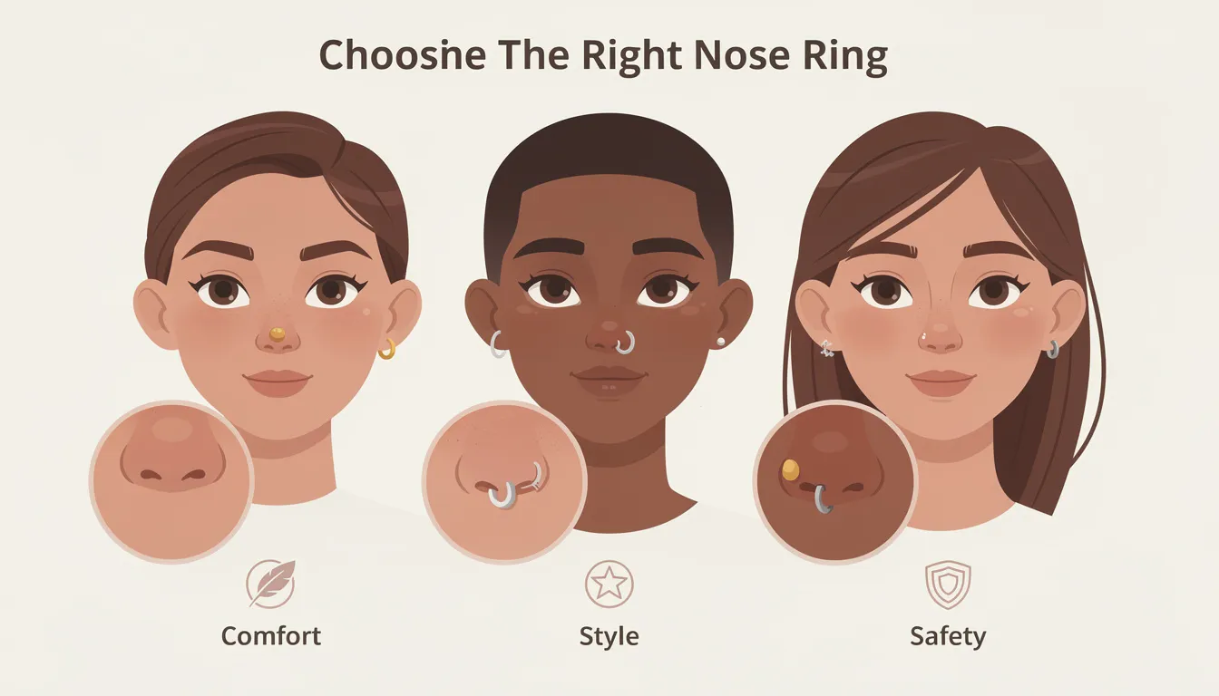The image depicts a selection of nose rings, showcasing various styles and materials, including gold and titanium options. Among them, a delicate nose ring with a star charm and cubic zirconia stands out, illustrating the importance of choosing comfortable and stylish nose piercing jewelry for sensitive skin.