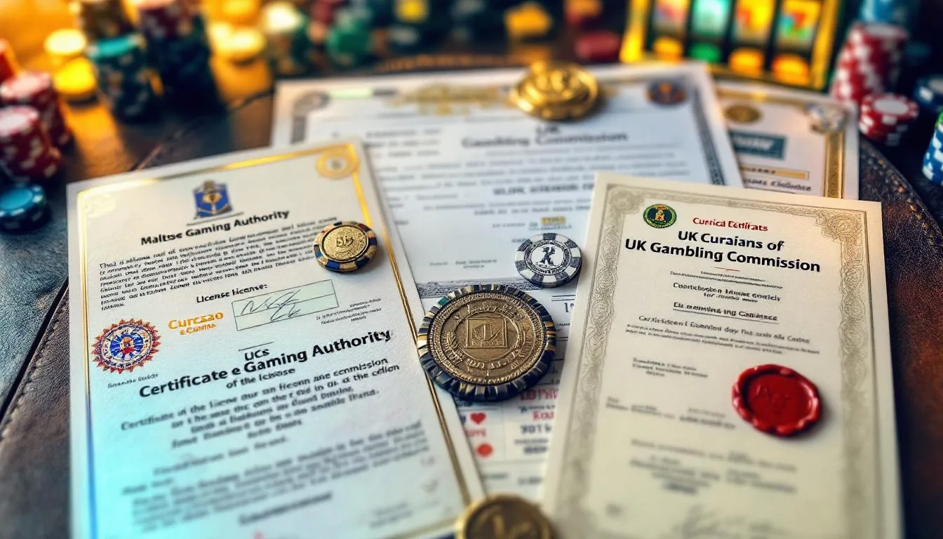 Bild som visar olika officiella spellicenser och märken från olika reglerande myndigheter. Dessa certifikat representerar tryggheten och legitimiteten hos utländska casinon, vilket är viktigt för svenska spelare som vill spela på ett utländskt casino.
