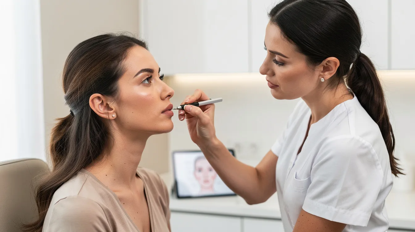 A woman is seated for a lip filler consultation, as a practitioner examines her facial proportions to discuss options for enhancing her lip shape. They focus on achieving a natural appearance and fuller lips, considering her unique facial features and ideal lip shape.