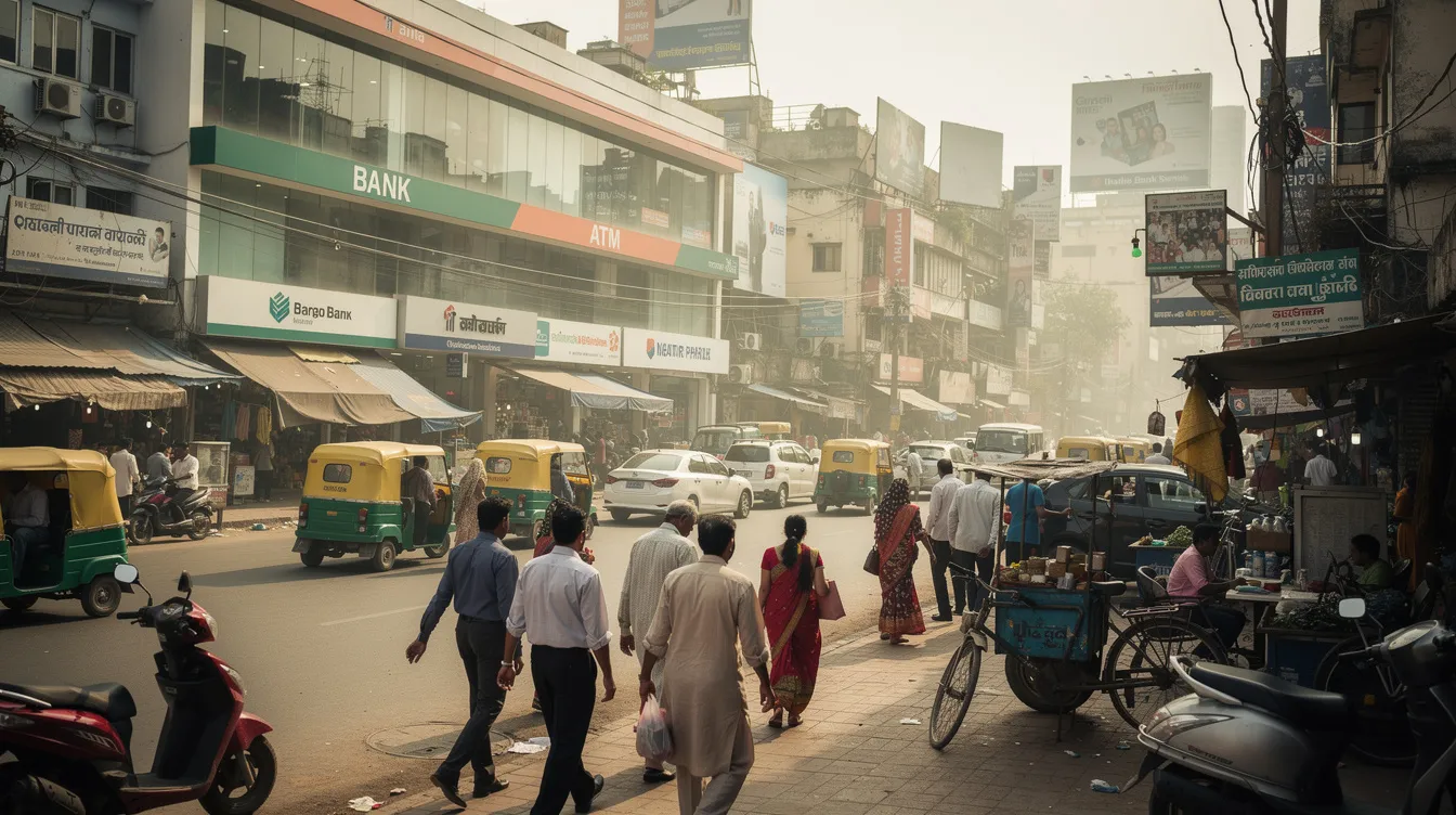 The image depicts a bustling street in an Indian city, filled with people walking along the sidewalk, while various bank signage, including logos of cooperative banks, can be seen in the background. This lively scene reflects the vibrant atmosphere of urban life, where individuals engage in business activities, possibly involving money transfers and banking services.
