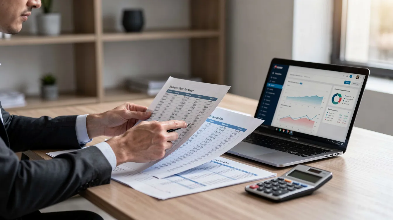 A person is sitting at a desk, reviewing financial documents alongside a laptop and a calculator, focusing on aspects like home equity loans and monthly payments. The scene reflects a serious examination of interest rates and loan terms, indicative of their financial situation.