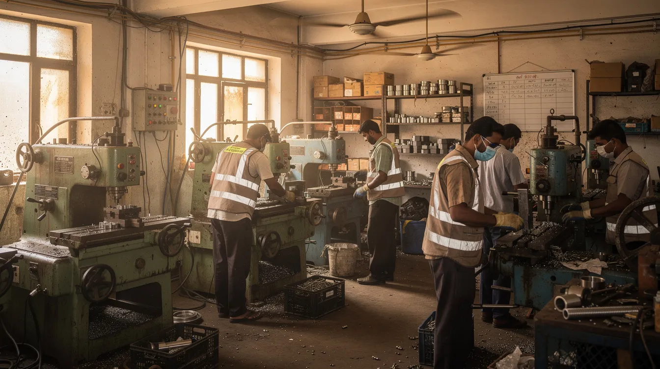 The image depicts a small Indian manufacturing workshop bustling with activity, showcasing workers engaged with various machinery. This environment highlights the significance of financial assistance, such as mudra loans, in supporting micro enterprises and small businesses.