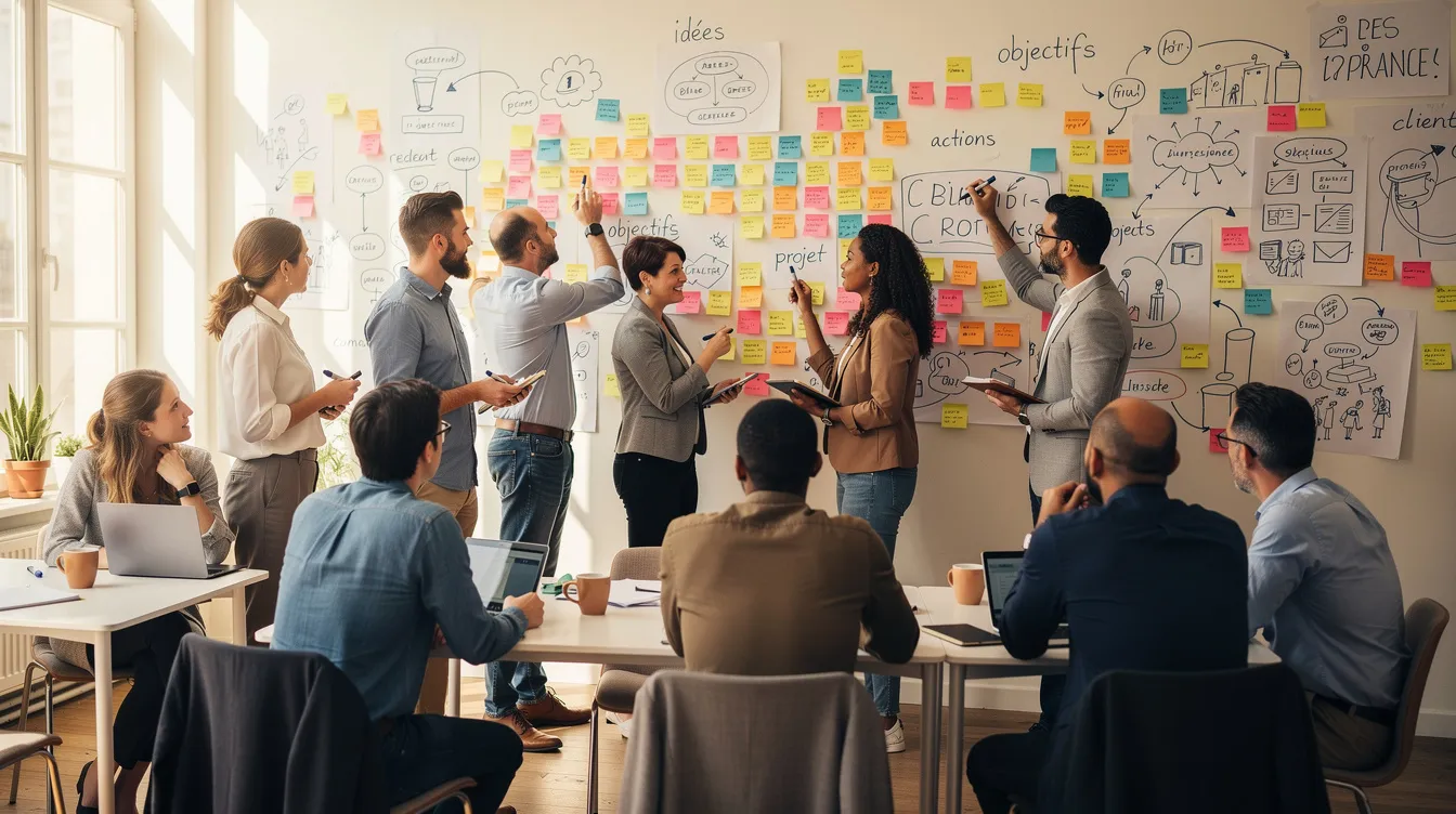 L'image montre des collaborateurs engagés dans un atelier participatif, entourés de notes et de schémas visuels accrochés au mur, illustrant la théorie des intelligences multiples d'Howard Gardner. Cette scène met en avant la collaboration et l'échange d'idées au sein d'une équipe, favorisant le développement des compétences et la valorisation des différents types d'intelligence dans le milieu professionnel.