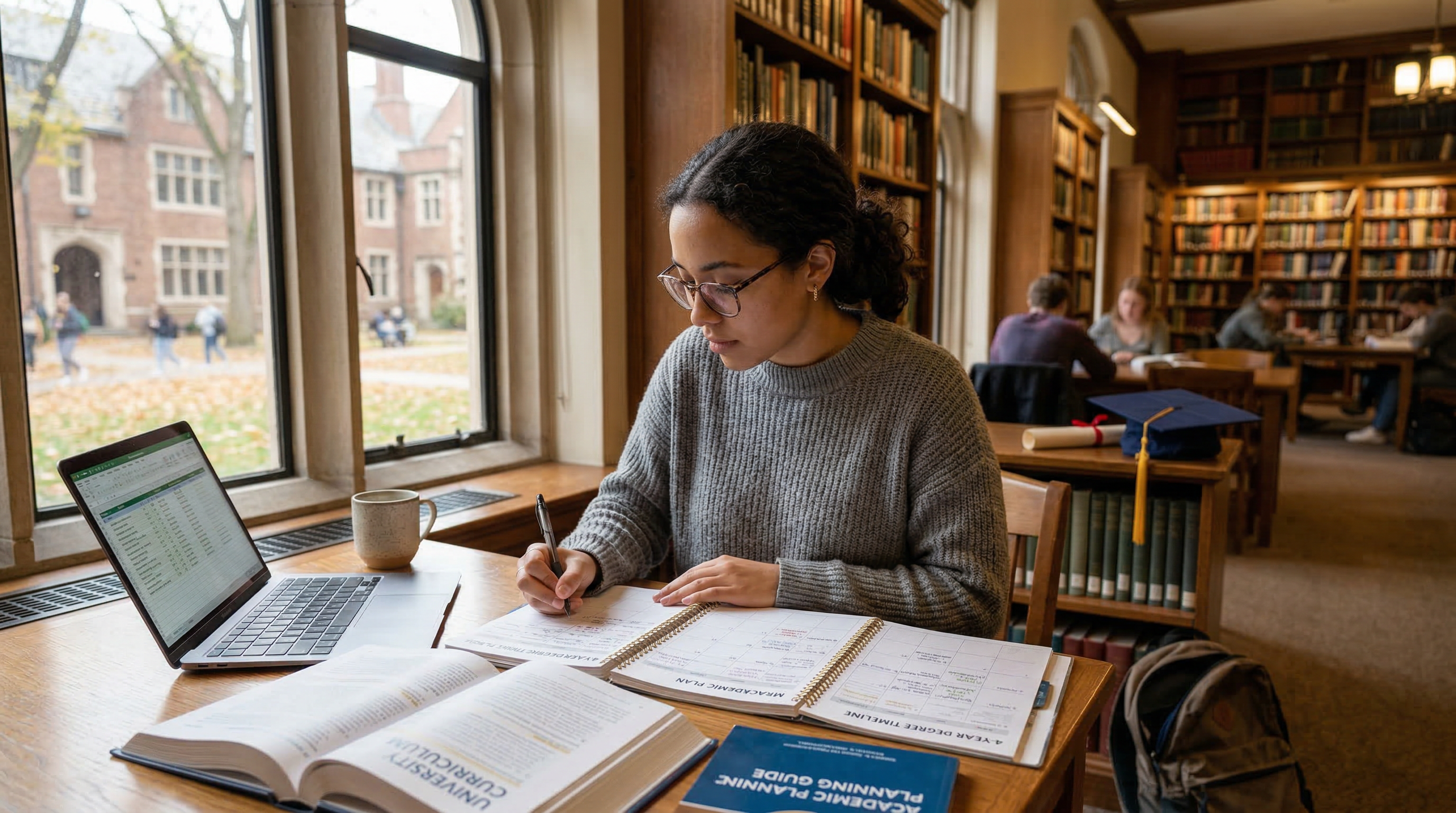 A graduate student sitting at a desk completing a financial aid application for PhD studies, with a laptop open to a scholarship funding portal, academic books and documents nearby, and a university campus visible through the window."