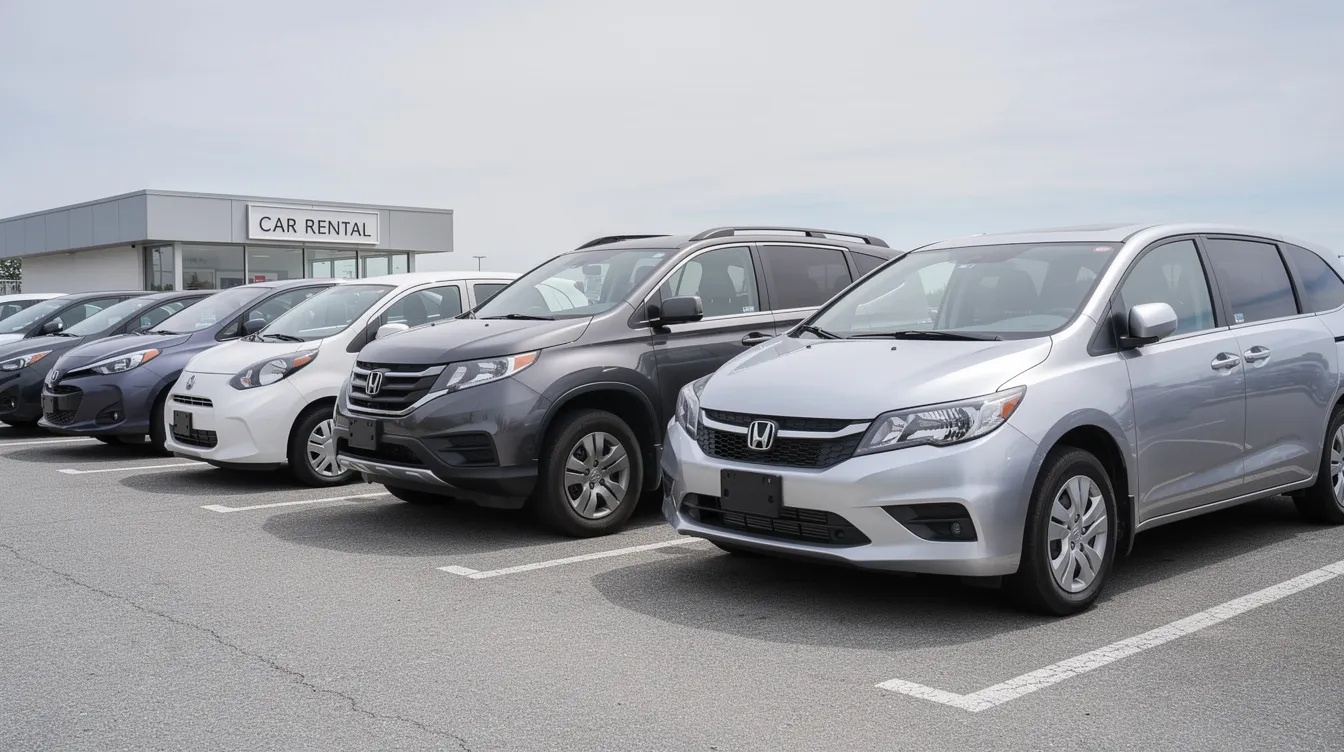 A row of various rental cars is parked, featuring a small city car, a spacious SUV, and a family-friendly minivan, showcasing the diversity of options available for customers at car rental companies. This image highlights the convenience of choosing the right vehicle for any journey or road trip.