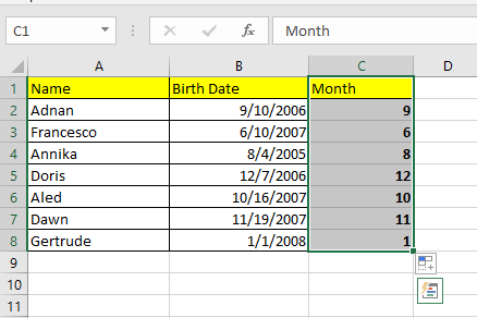 Data arranged only the month