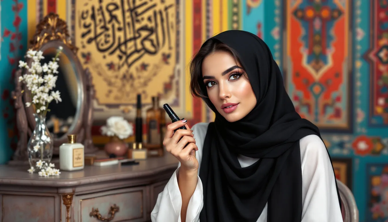 A Middle Eastern woman is applying waterproof mascara to her eyelashes, surrounded by a blend of traditional and modern beauty elements, showcasing her beauty routine. The image highlights the importance of lash serums for achieving longer, fuller lashes while maintaining a harmonious makeup look.