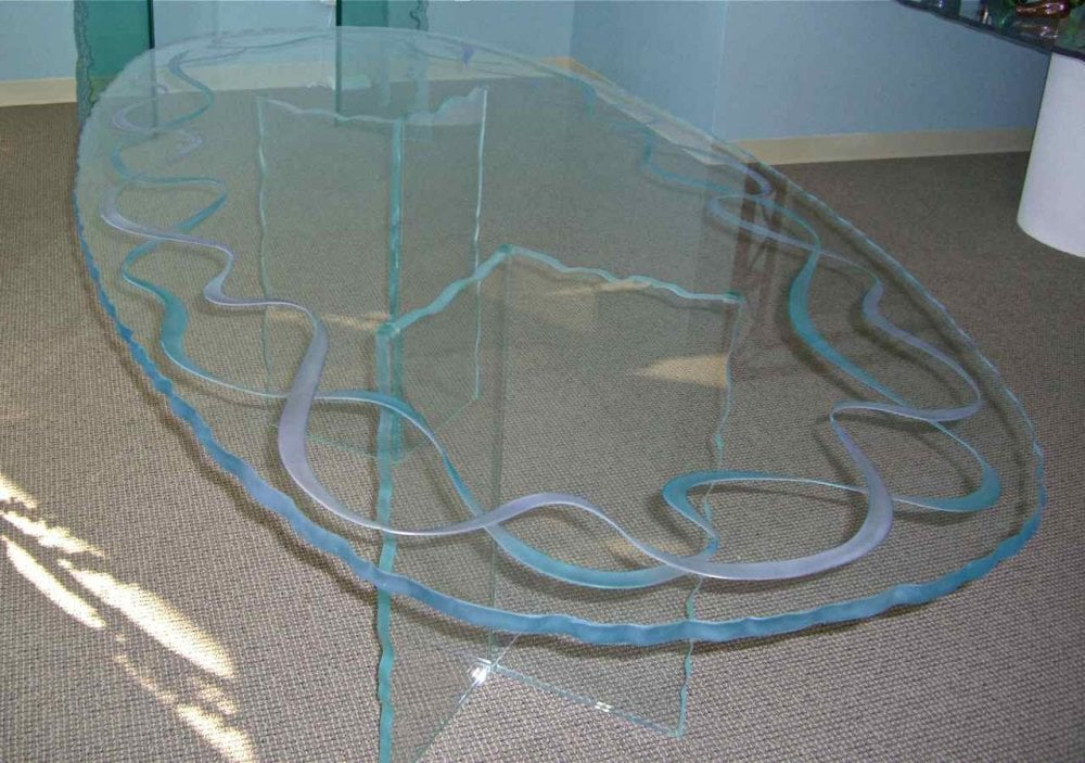 An oval glass dining table - Ribbons by Sans Soucie Art Glass