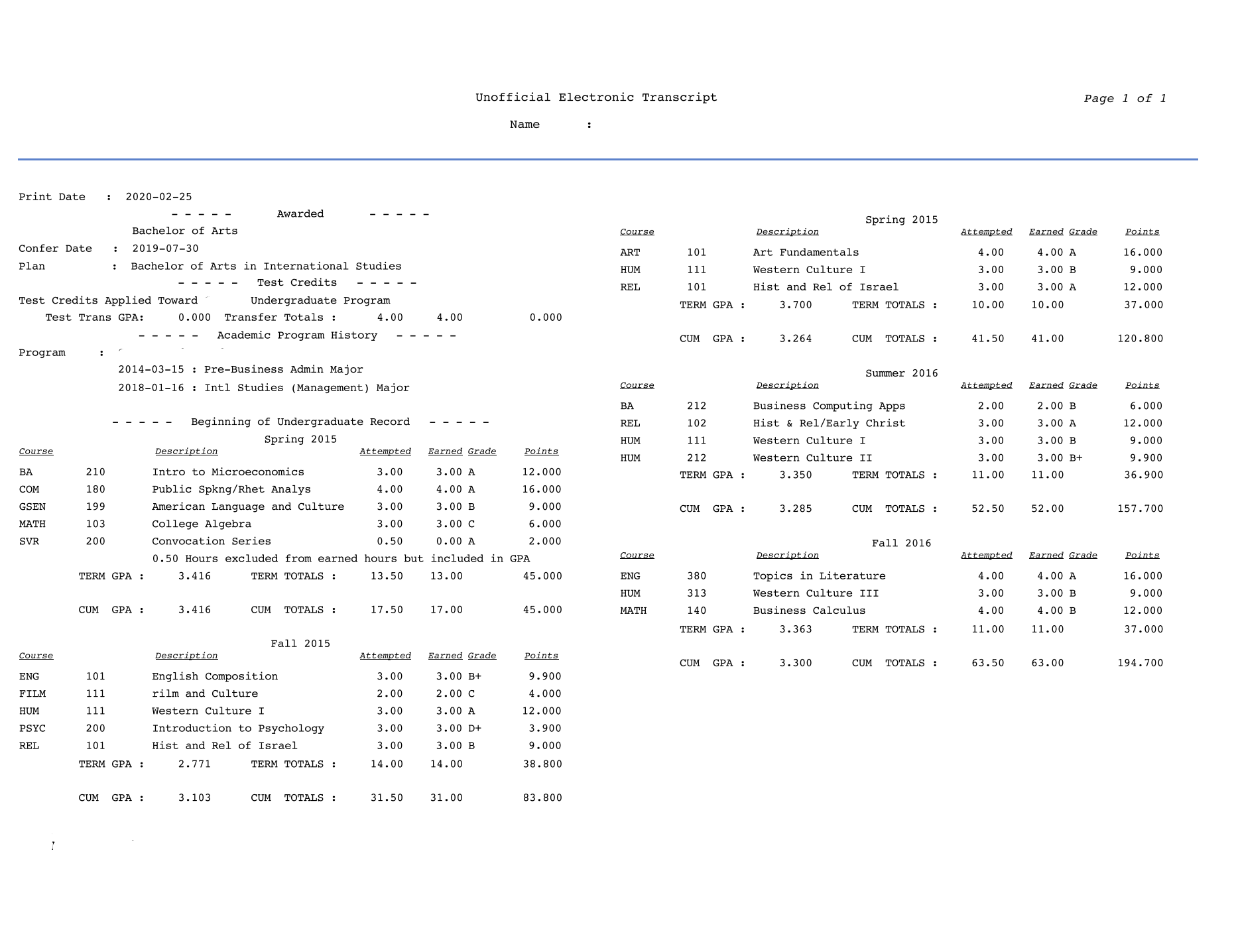 The image shows an unofficial transcript displayed in portrait format, lacking the official seal and registrar's signature, making it suitable for personal use rather than formal applications. This detailed record includes academic information such as grades and credits but is not considered an official document by employers or educational institutions.