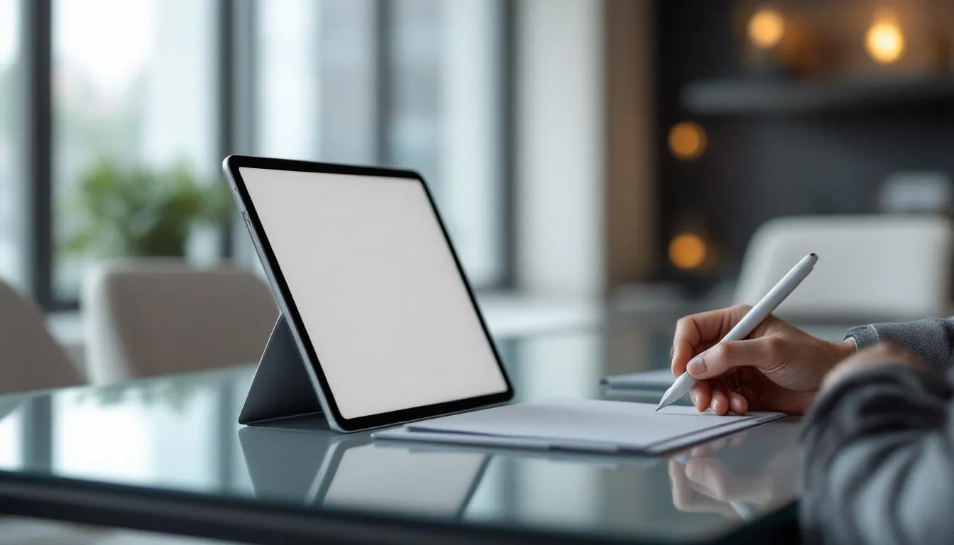 Une personne utilisant un iPad pour prendre des notes lors d'une r&eacute;union.
