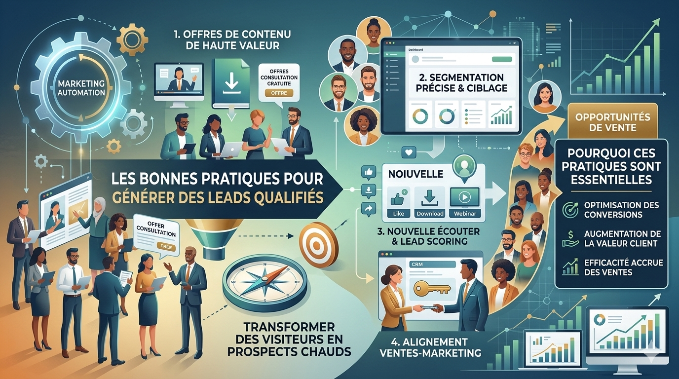 Infographie détaillant les bonnes pratiques pour générer des leads qualifiés : marketing automation, segmentation de l'audience, lead scoring et alignement des équipes ventes et marketing.