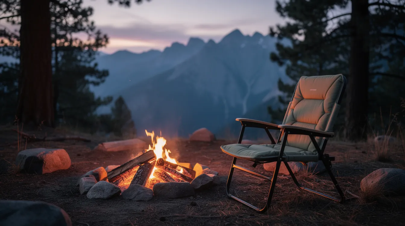 A comfortable camp chair is set near a glowing campfire at dusk, with majestic mountains in the background, creating a cozy atmosphere perfect for a camping trip. This scene captures the essence of outdoor life, showcasing essential camping gear and the warm glow of the fire, inviting you to relax and enjoy nature.