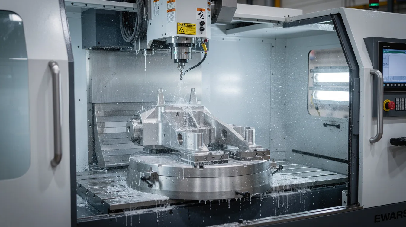 The image depicts a five-axis CNC milling machine actively machining a titanium aerospace part, securely clamped to the table. This setup is representative of precision aerospace manufacturing processes used to create complex components for the aerospace and defense industries.