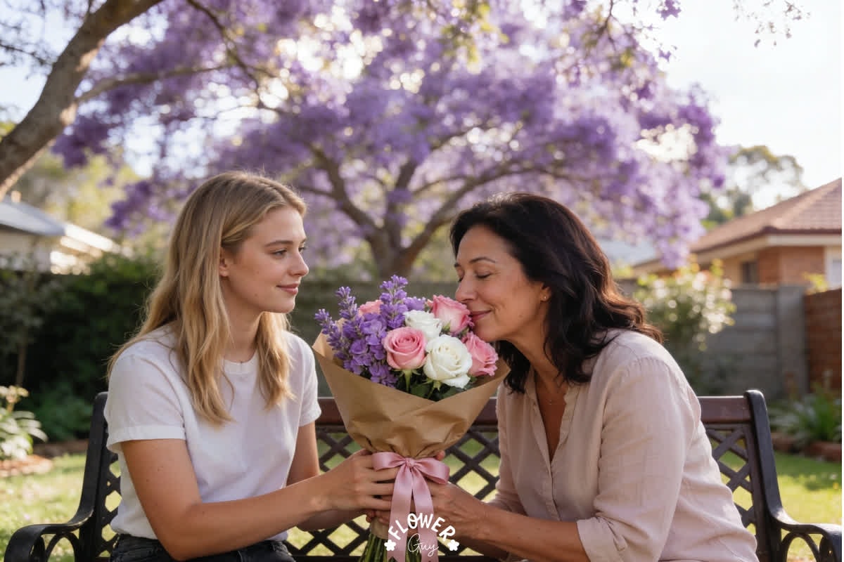 Young White South African daughter sitting on a garden bench with her mother who is smelling a bouquet of lavender and pink roses wrapped in kraft paper under a blooming jacaranda tree