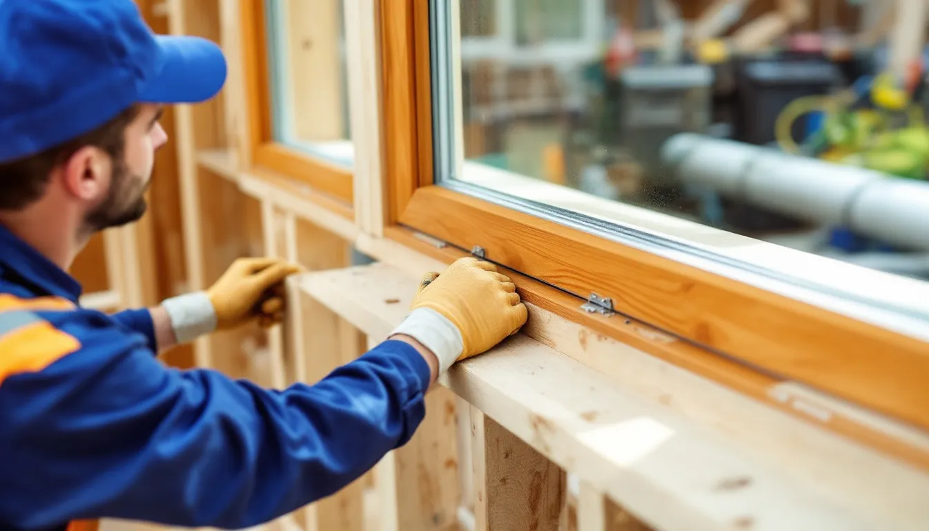 Een installateur plaatst triple glas in een houten kozijn, waarbij hij zorgvuldig de isolerende eigenschappen van het glas benut om de energie-efficiëntie van het raam te verbeteren. De houten kozijnen worden aangepast om de beste isolatiewaarde te garanderen en koude lucht buiten te houden.