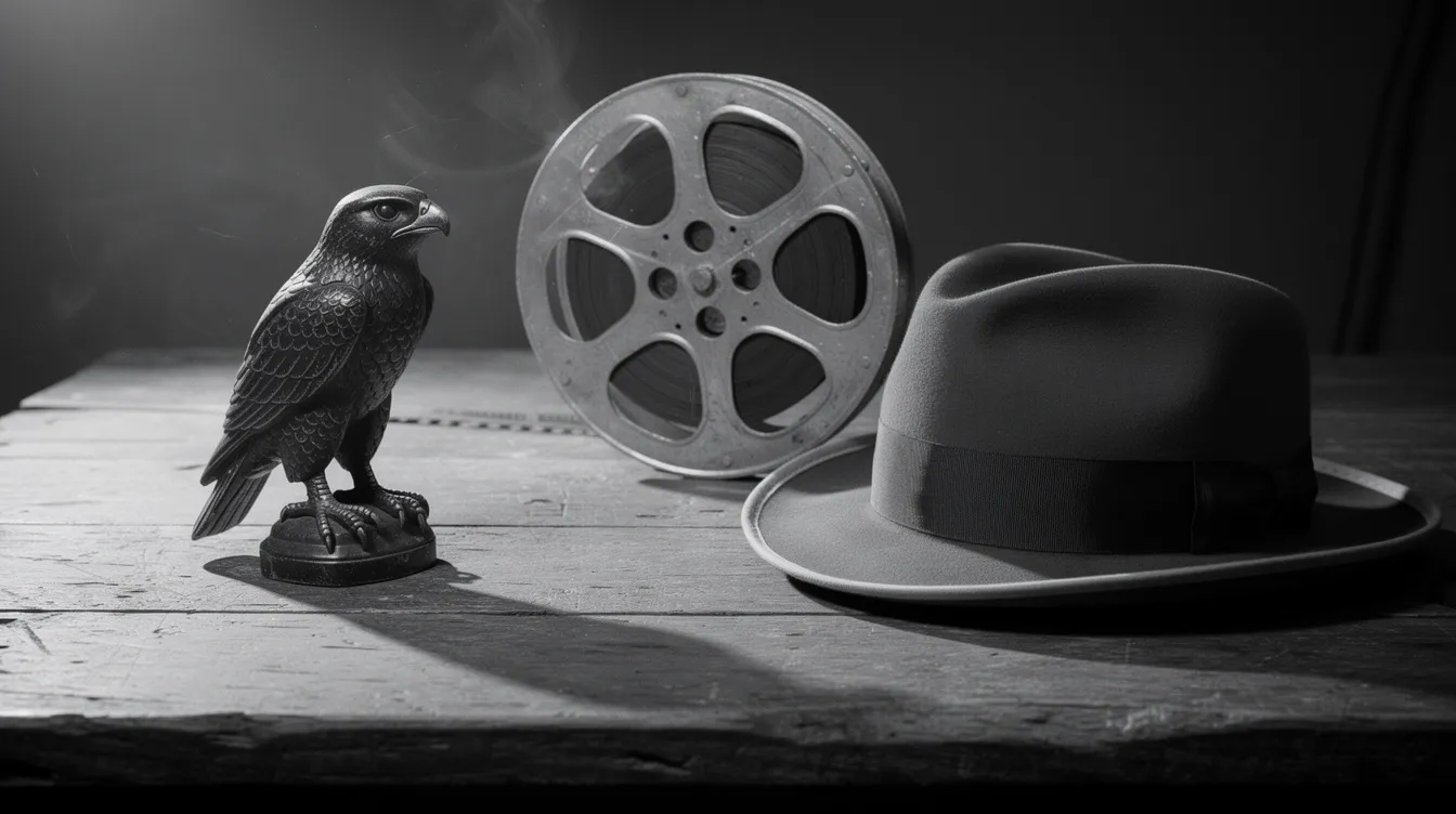 Auf einem Holztisch liegt eine schwarze Falkenstatuette, die an den klassischen Film "Der Malteser Falke" erinnert. Neben ihr befinden sich eine alte Filmrolle und ein Fedora-Hut, während stimmungsvolles Seitenlicht die Schwarz-Weiß-Ästhetik unterstreicht.