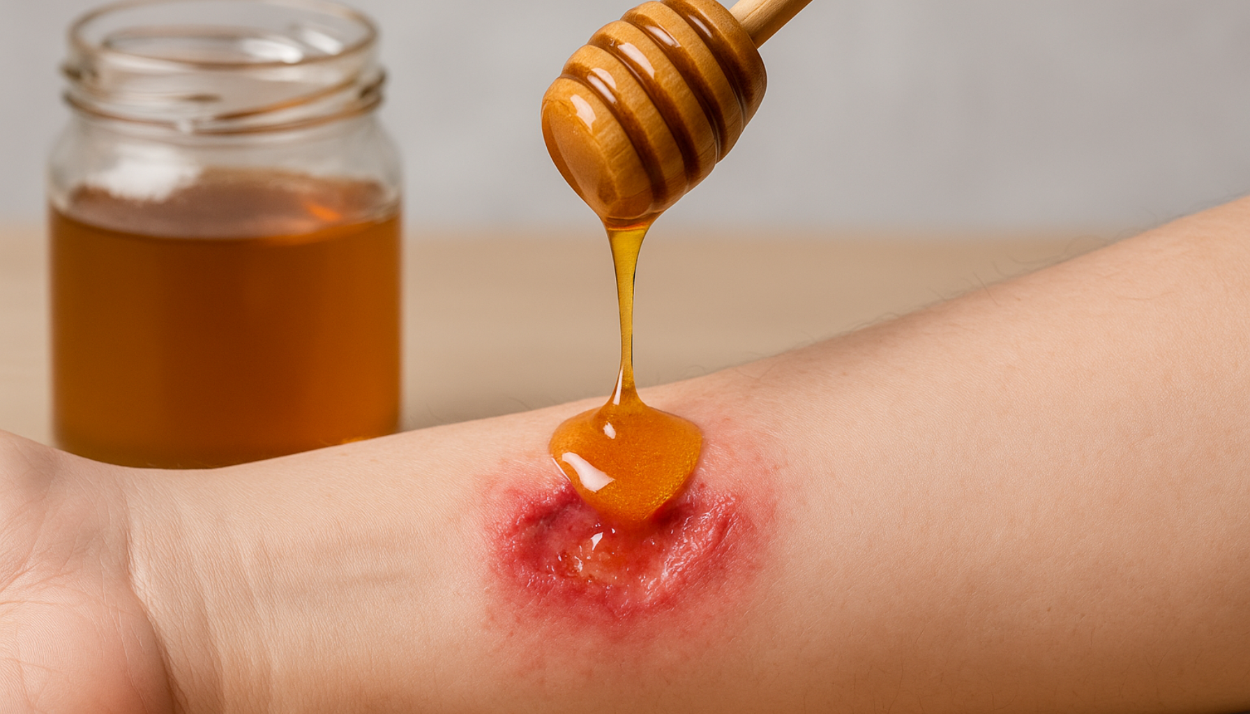 Medisinsk honning – Naturlig hjelp mot sår og infeksjoner 13 Medisinsk honning dryppes forsiktig på et betent sår for naturlig sårheling og infeksjonsbeskyttelse.
