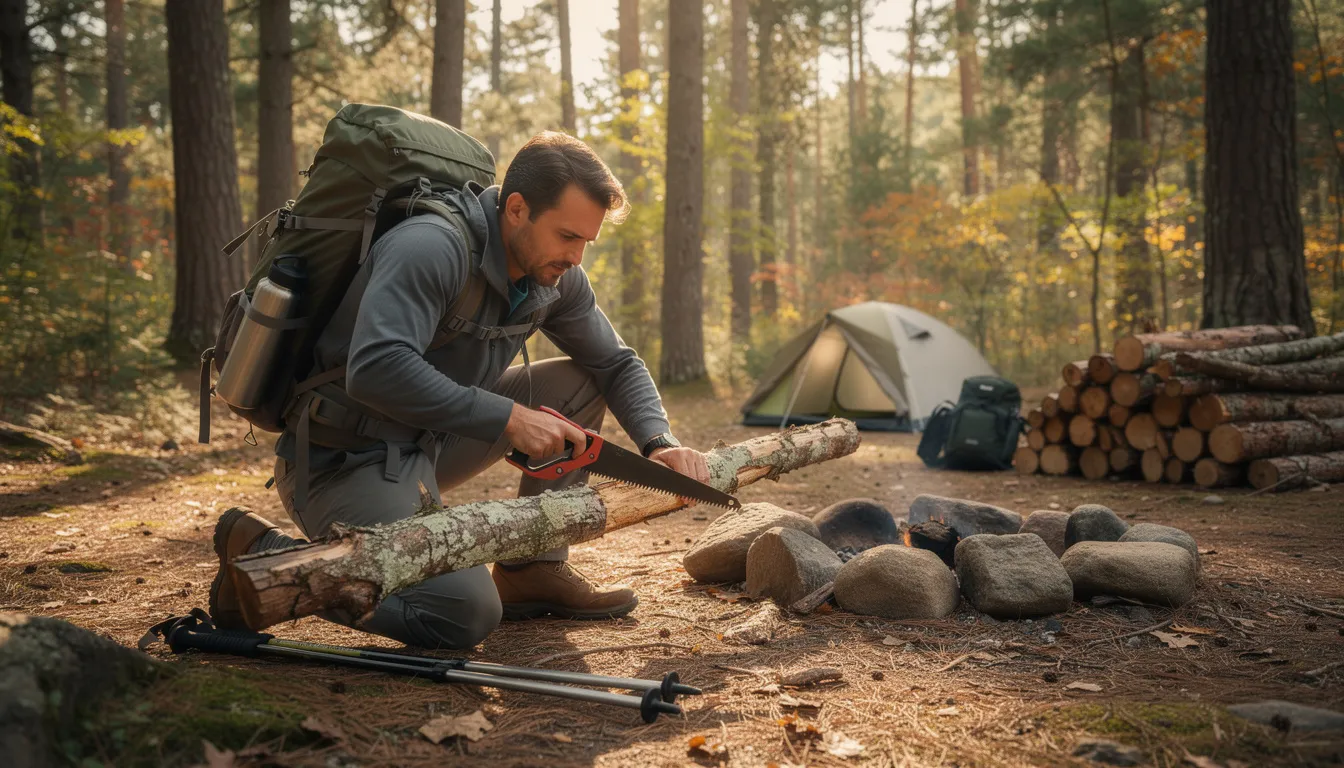A backpacker is using a folding saw with a curved blade to cut through a thick fallen branch at a wooded campsite. The saw features a locking mechanism and an ergonomic handle, making it ideal for cutting firewood or clearing trails with less effort.