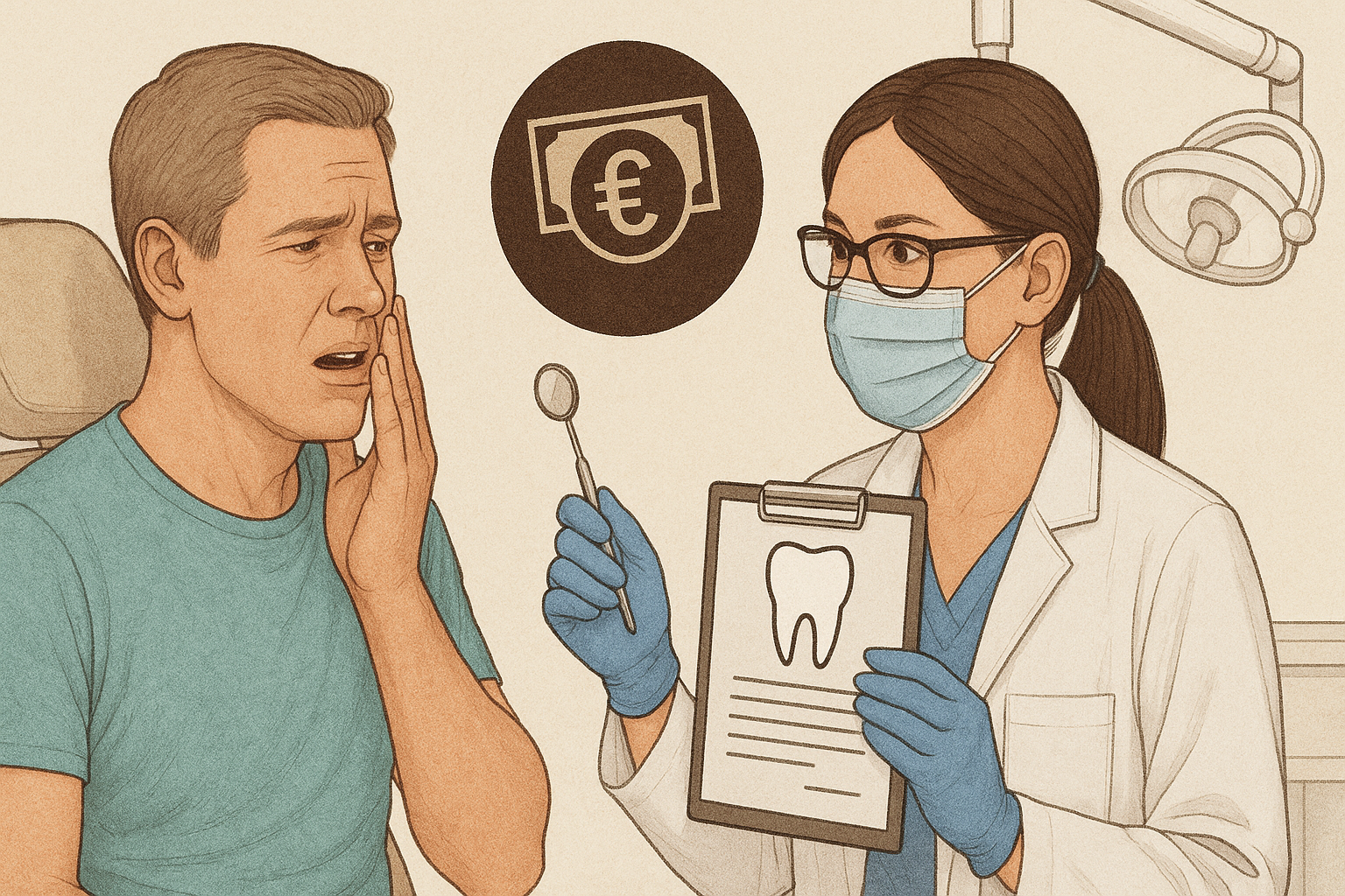Mann med tannverk snakker med tannlege i klinikk, medisinsk skjema og pengesymbol antyder økonomisk støtte ved diagnose. Ask ChatGPT