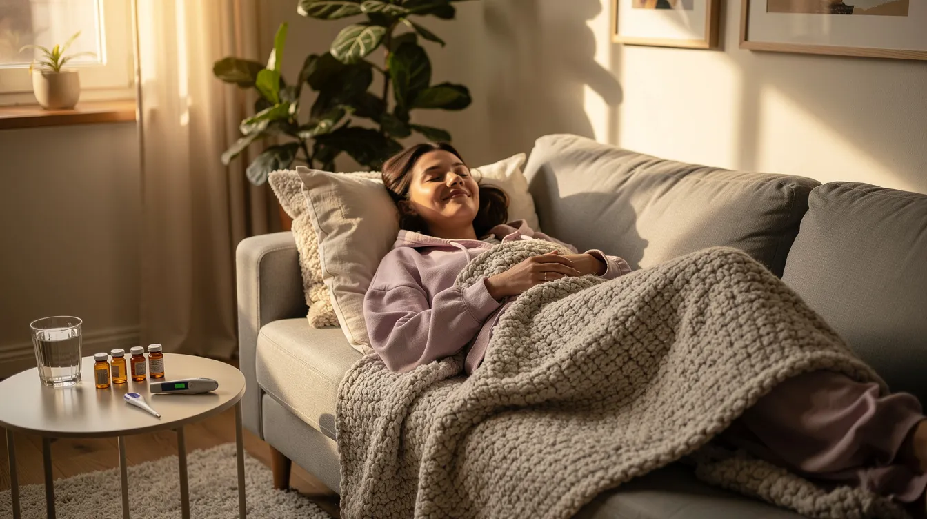 A person is resting comfortably on a couch, wrapped in a blanket, symbolizing the recovery process after a liposuction surgery. They appear relaxed, highlighting the importance of post-operative care, including wearing compression garments and following the surgeon's instructions to ease swelling and support the body's natural healing process.