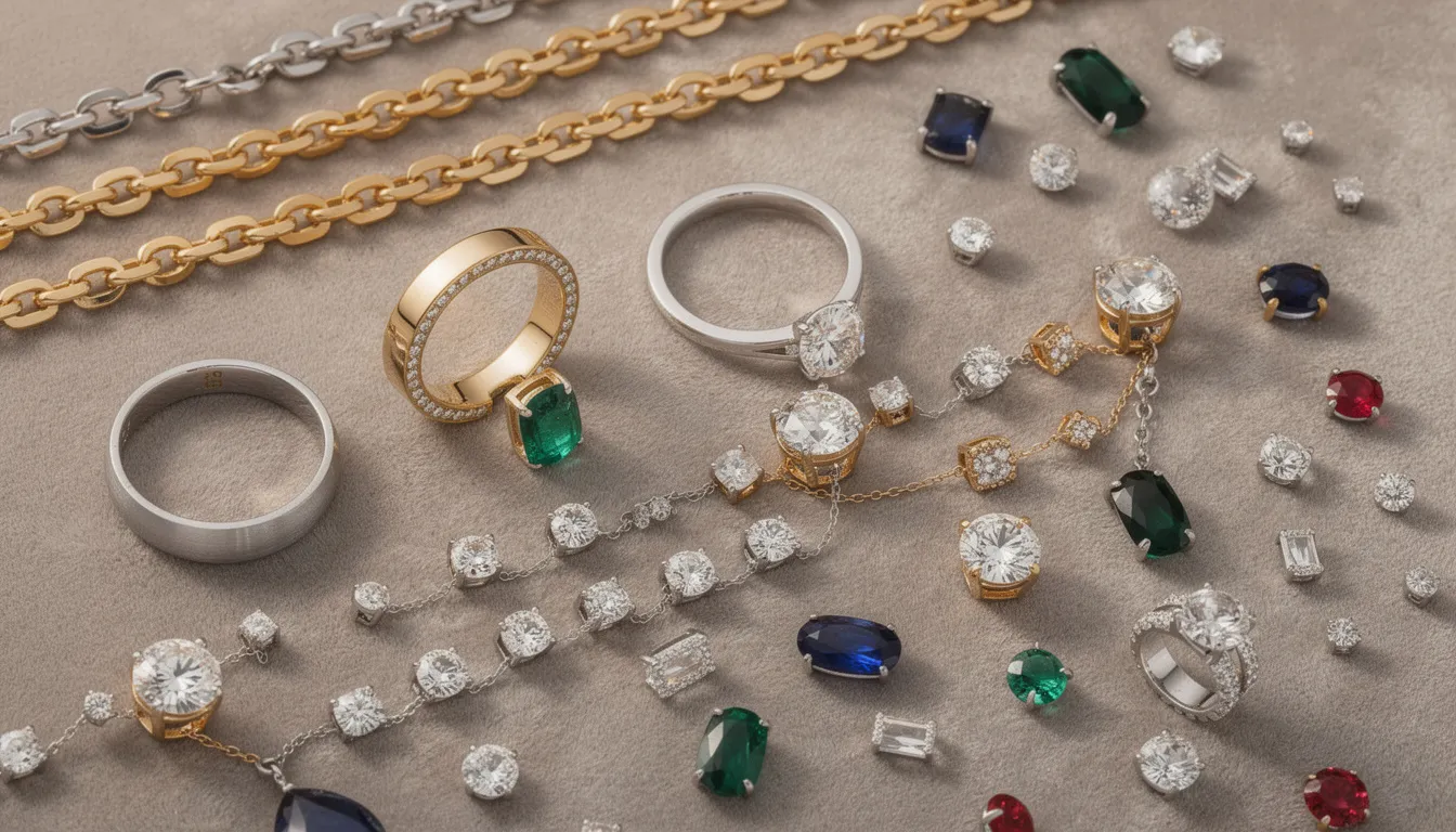 A close-up view showcases an array of jewelry materials, including shiny gold, polished sterling silver, and vibrant gemstones, all artistically arranged to highlight their colors and textures. This visually appealing composition reflects the quality and variety available from a trusted supplier for wholesale jewelry.