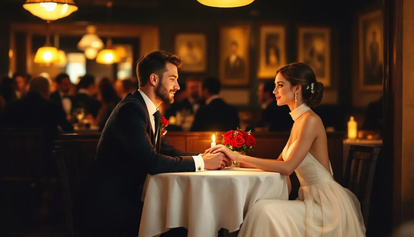 Das Bild zeigt ein intimes Hochzeitsdinner in einer gemütlichen Umgebung, beleuchtet von warmem Licht. Die festlich gedeckten Tische sind mit liebevoller Dekoration geschmückt und schaffen eine romantische Atmosphäre für die Hochzeitsgesellschaft.
