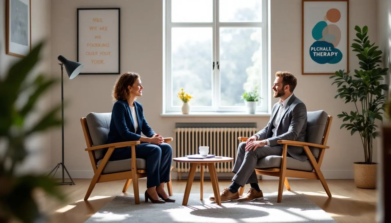 En la imagen se observa una sesión de terapia psicológica en un consultorio profesional, donde un psicólogo clínico se sienta frente a un paciente en un ambiente acogedor y tranquilo, promoviendo la salud mental y el bienestar. La escena refleja la importancia de la psicología clínica en el tratamiento y prevención de trastornos mentales.